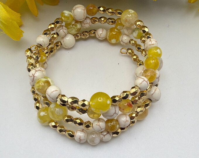 White Howlite Jade Bead Memory Wire Bracelet | Memory Wire Bracelet