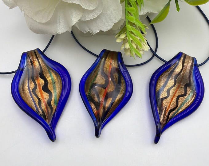Blue Leaf Pendant | Murano Inspired Blue Glass Leaf Pendant | Lampwork Glass Blue Pendant Necklace