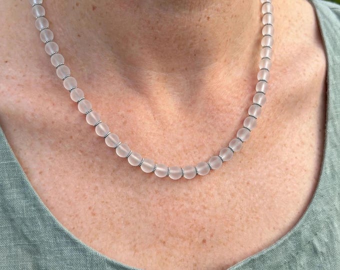 18" White Sea Glass Necklace – Glass Bead Necklace, Beach Jewelry, Coastal Gift