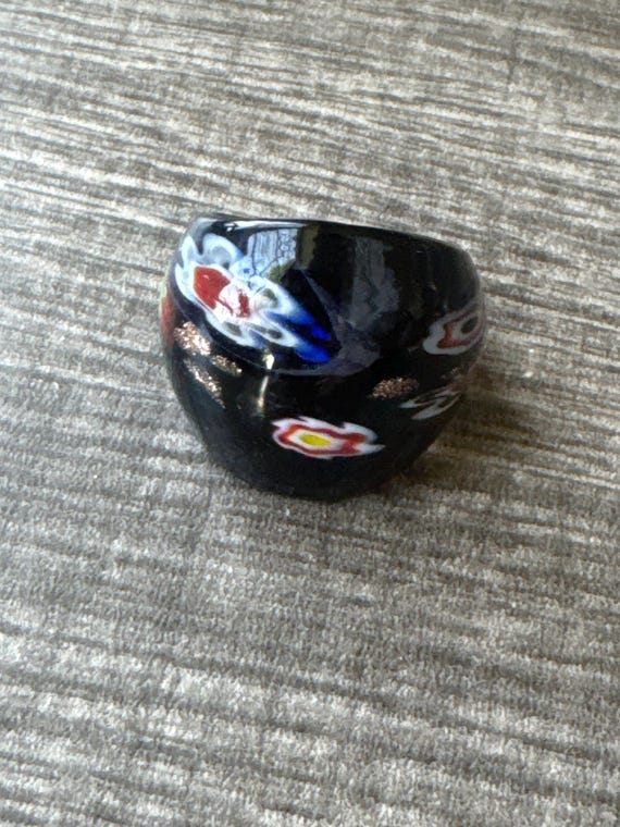 Black Millefiori Design Statement Glass Ring - Size 7