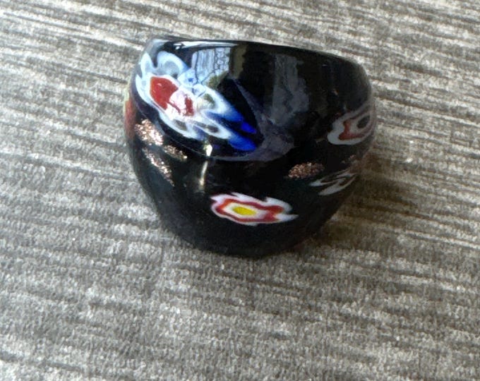 Black Millefiori Design Statement Glass Ring - Size 7