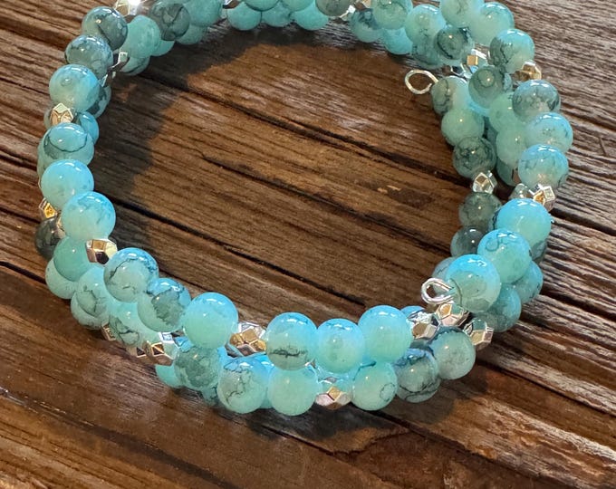 Blue Bead Memory Wire Bracelet | Wrap Bracelet | Beaded Bracelet