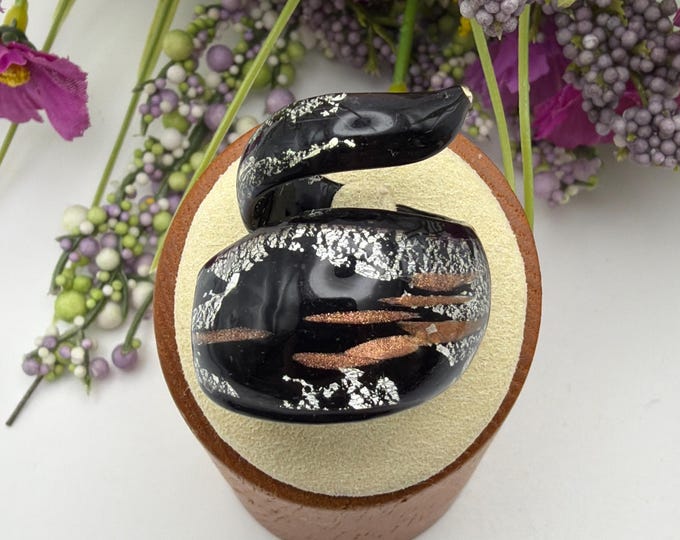 Size 7 - Black/Silver Wrap Glass Ring | Lampwork Glass Ring | Murano Glass Inspired Glass Ring