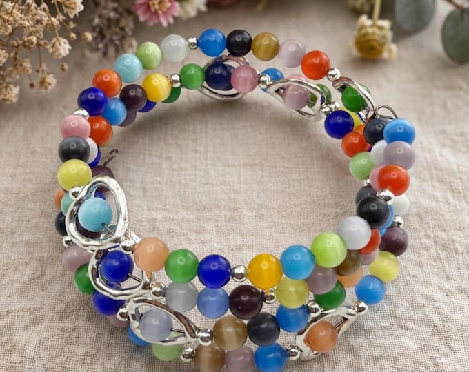 Cats Eye Memory Wire Bracelet | Multi-Color Colorful Bead Bracelet