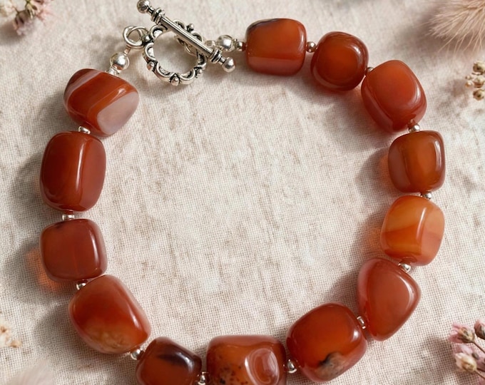Carnelian Gemstone Bracelet – Chunky Orange Agate Bead Bracelet, Toggle Clasp, Fall Jewelry