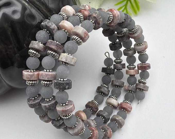 Pink Zebra Bead Memory Wire Bracelet | Wrap Bracelet | Zebra Heishi Bead Memory Wire Bracelet