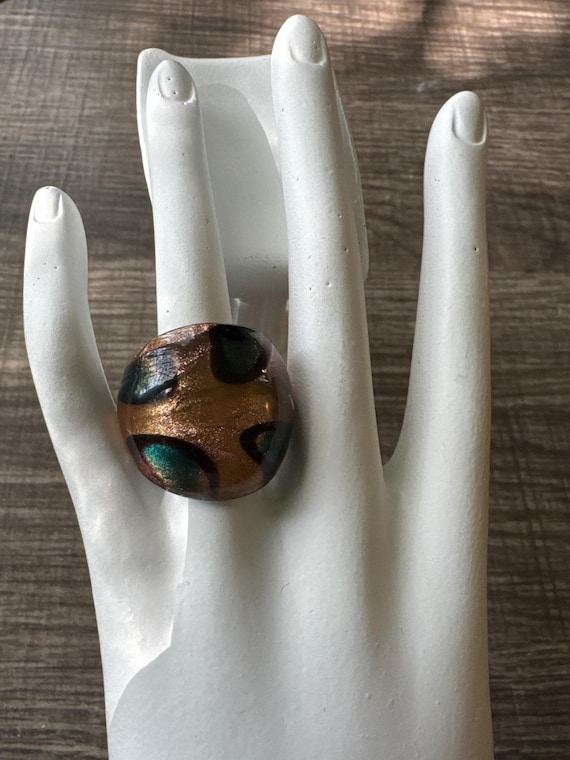 Gold/Blue Glass Ring | Murano Glass Ring | LampWork Statement Ring - 6 3/4
