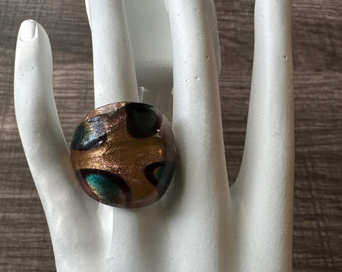 Gold/Blue Glass Ring | Murano Glass Ring | LampWork Statement Ring - 6 3/4