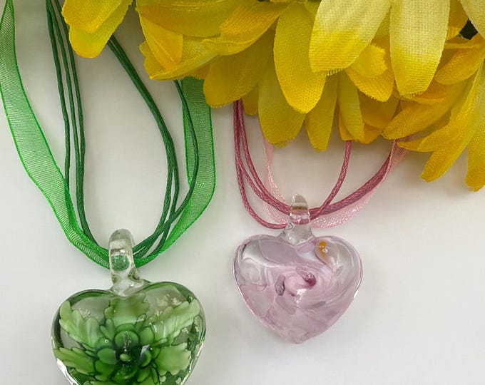 Flower Heart Pendant Necklace | Lampwork Flower Pendant | Colorful Flower Pendant Necklace