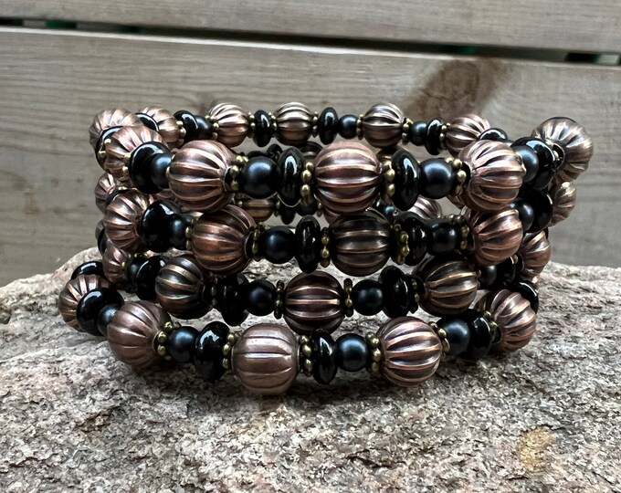 Copper Pumpkin & Black Black Bead Memory Wire Bracelet
