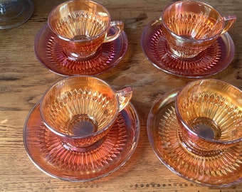 Four Vintage Carnival Glass Cups and Saucers/Marigold Carnival Glass
