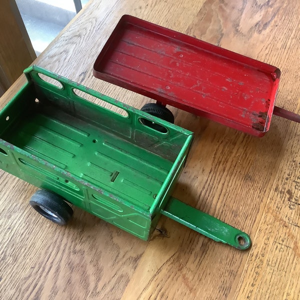 Vintage Metal Toy Nylint Green Wagon and Metal Toy Red Trailer