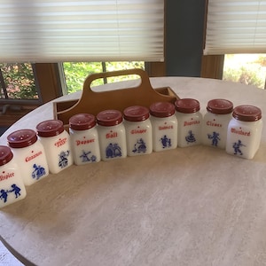 Vintage Set of Ten Dutch Milk Glass Spice Jars in a Wooden Rack