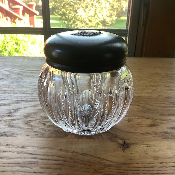 Vintage Pressed Glass Dresser Dish With Black Lid/Vanity Jar