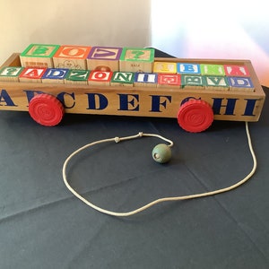 Vintage Wooden Toy Block Wagon and Wooden Blocks