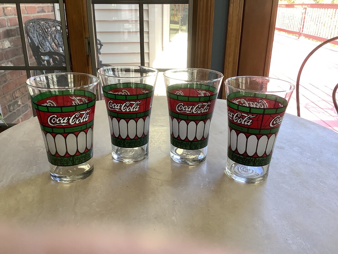 Four Vintage Stained Glass Coke Glasses/vintage Red and Green Etsy