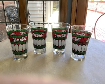 Four Vintage Stained Glass Coke Christmas Glasses