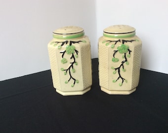 Vintage Japan Hand Painted Pottery Flour and Sugar Shakers/Vintage Kitchen Shakers