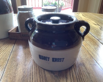 Vintage Honey Crust Crock with Lid/Double Handled Crock with Lid/Vintage Stoneware Crock