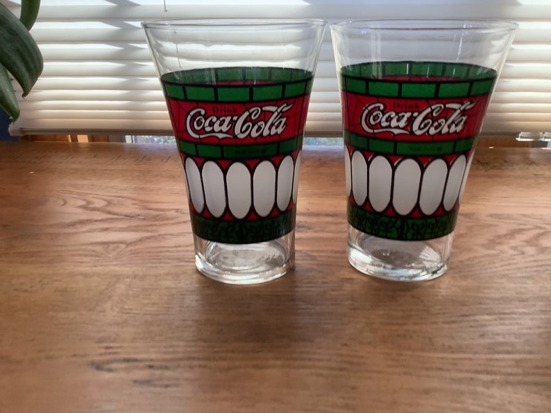 Four Vintage Stained Glass Coke Glasses/vintage Red and Green Etsy