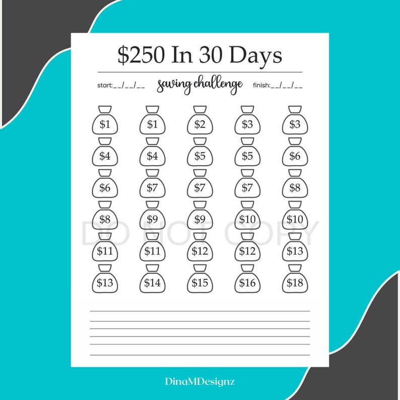 Printable Money Saving Challenge, Instant Download, 250 Dollars in 30 ...