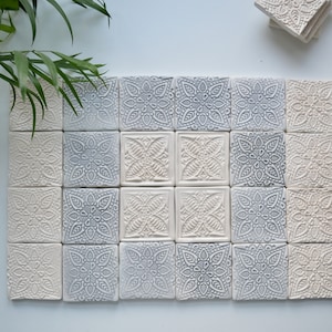 Handmade spanish small, white tiles, bathroom tiles, backsplash tiles, matt tiles with mandala, wall decoration, shower tiles, wall tiles