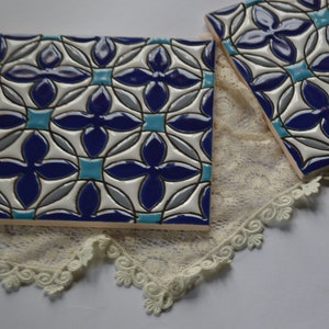 Autentic geometric tiles, hand painted tiles, Andalusian tile, ceramic coaster, inspired by geometric design, wall decoration flower art