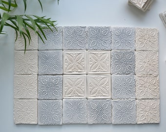 Handmade spanish small, white tiles, bathroom tiles, backsplash tiles, matt tiles with mandala, wall decoration, shower tiles, wall tiles