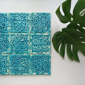 Set of 9/24 blue handmade tiles with relief design, spanish tiles, backsplash tiles, wall blue decoration, blue wall art tile, aquamarine