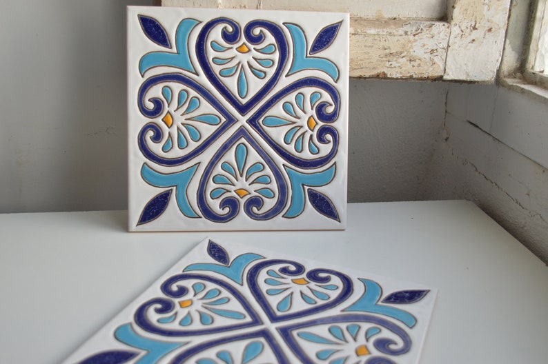 personalized tile blue tile big tile coaster backsplash tile Autentic handpainted blue white spanish tile with geometric hearts design
