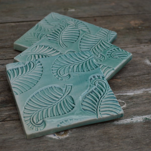 Green handmade tiles with botanical design, stamped tiles, spanish tiles, kitchen tiles, wall decoration, patio decoration, green leafs tile