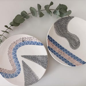 Modern plates handmade and decorated with cheerful and geometric patterns, contemporary plates, modern tableware inspired by the nature