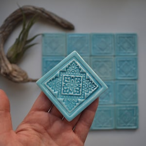 16/32 Handmade spanish small blue tiles, mandala tiles, bathroom tiles, backsplash tiles, blue tiles wall decoration, shower blue tiles