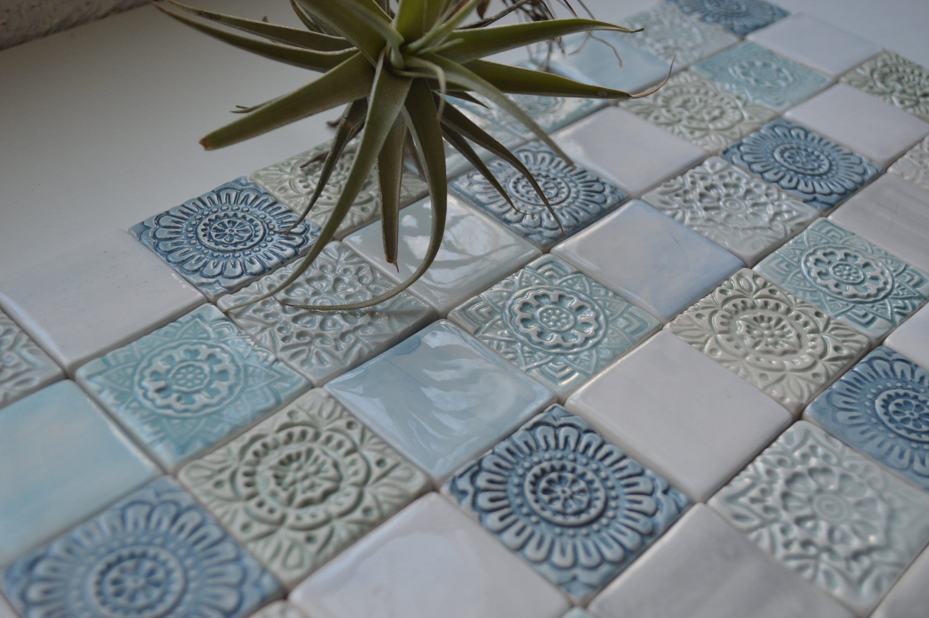 Set of 40/66 mini spanish handmade tiles, mandala tiles, bathroom tiles, wall art decoration, kitchen tiles, blue/gray backsplash mini tiles
