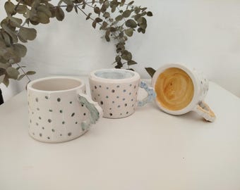 Cheerful handmade mugs, white pots with colorful hand painted dots for breakfast, slow life, original handmade handle, coffee mug, 300ml