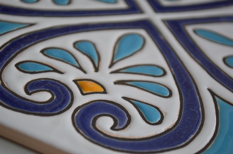 personalized tile blue tile big tile coaster backsplash tile Autentic handpainted blue white spanish tile with geometric hearts design