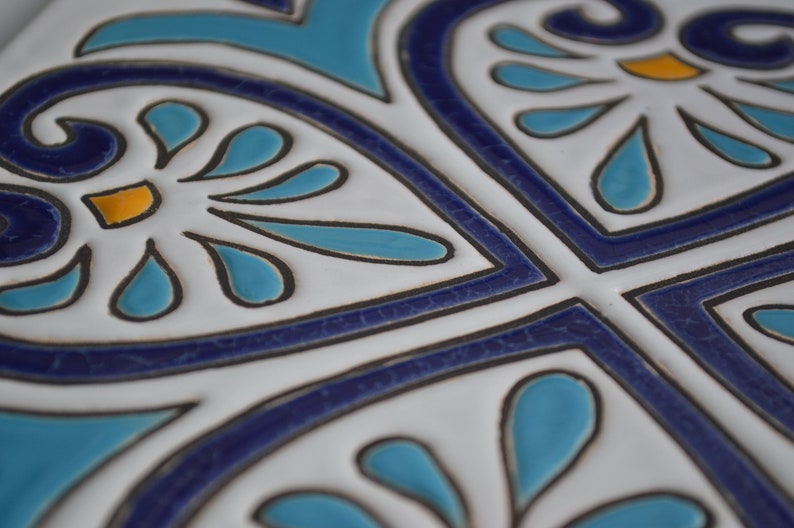 personalized tile blue tile big tile coaster backsplash tile Autentic handpainted blue white spanish tile with geometric hearts design