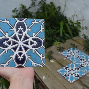 Autentic geometric tiles, hand painted tiles, Andalusian tile, ceramic coaster, inspired by geometric design, wall decoration flower art