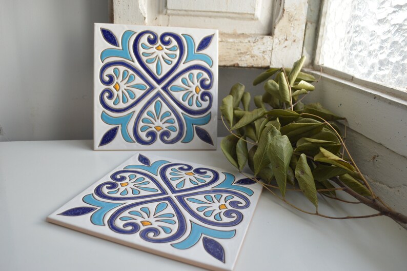 personalized tile blue tile big tile coaster backsplash tile Autentic handpainted blue white spanish tile with geometric hearts design