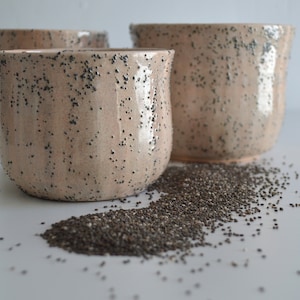 Handgefertigter dekorativer Keramik-Blumentopf in Beige, dekoriert mit Rutil, Sukkulenten-Pflanzgefäßen, Stifthalter, beigem Kerzenhalter