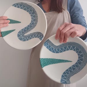 Modern plates handmade and decorated with cheerful and geometric patterns, contemporary plates, modern tableware inspired by the nature
