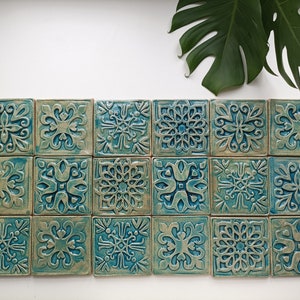 Set of 18 blue handmade tiles with beautiful design, spanish tiles, backsplash tiles, wall blue decoration, blue wall art tile, aquamarine