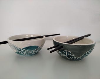 Set of 2 Handcrafted Small Bowls with Chopstick Holder – Elegance and Tradition, Gift for Asian Cuisine Lovers, Wedding Gift, Anniversary