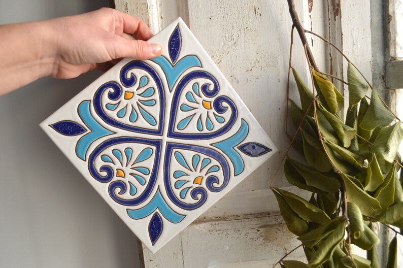 personalized tile blue tile big tile coaster backsplash tile Autentic handpainted blue white spanish tile with geometric hearts design