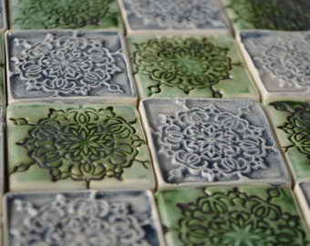 Set of ceramic green/gray tiles, handmade spanish tiles, ceramic mural, kitchen tiles, shower tiles, artistic tiles, personalized art tiles