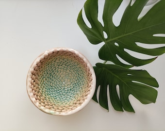 Decorative ceramic bowl, green, design inspired by fish scales, unique piece, green fruit bowl, turquoise green centerpiece