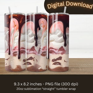 May include: Three 20 ounce sublimation straight tumbler wraps with a design of a chocolate milkshake with whipped cream and chocolate syrup. The design is 9.3 inches by 8.2 inches and is a 300 dpi PNG file.