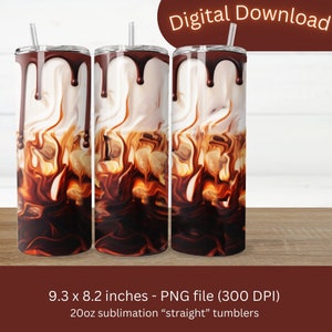 Könnte beinhalten: Drei 20 Unzen Sublimations-„gerade“ Becher mit einem Design aus brauner und weißer, wirbelnder Flüssigkeit mit einem Schokoladenbraunen Tropfeffekt. Die Becher sind 9,3 Zoll hoch und 8,2 Zoll breit. Das Bild ist eine PNG-Datei mit einer Auflösung von 300 DPI.