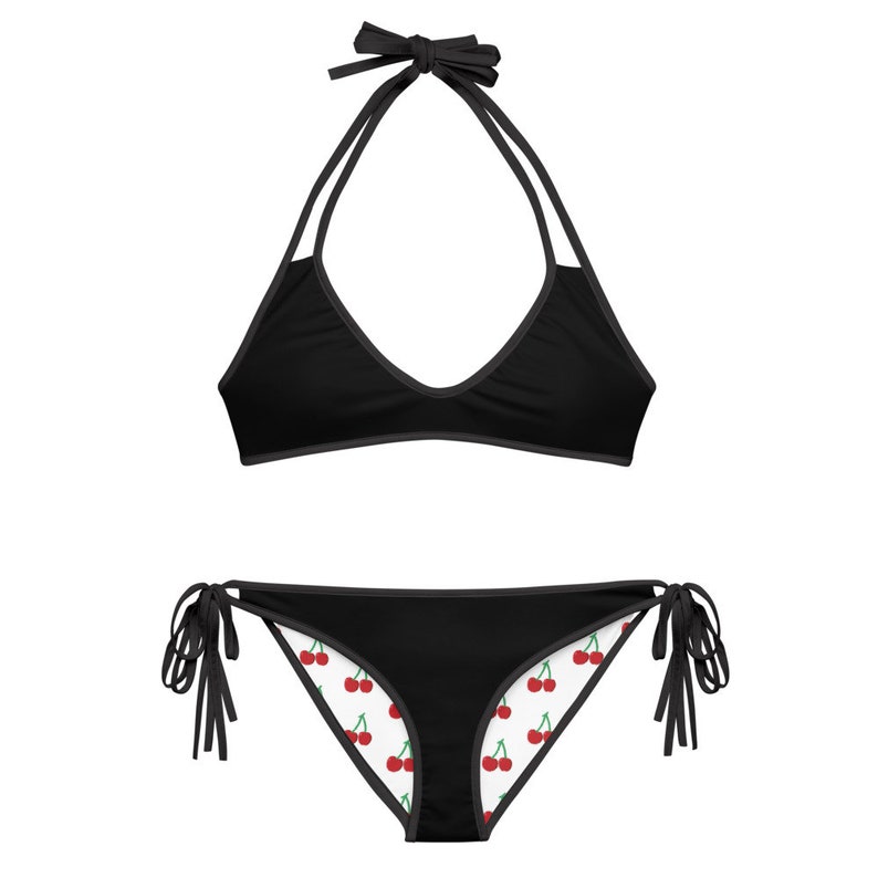 Cherry Bikini REVERSABLE solid black and cherry pattern 2 Etsy