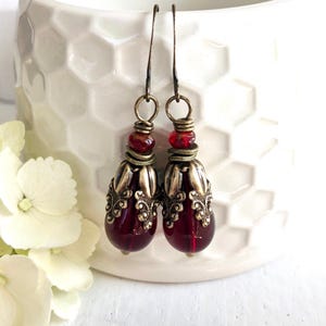 Red Czech Glass Victorian Boho Style Drop Earrings in Antique Brass